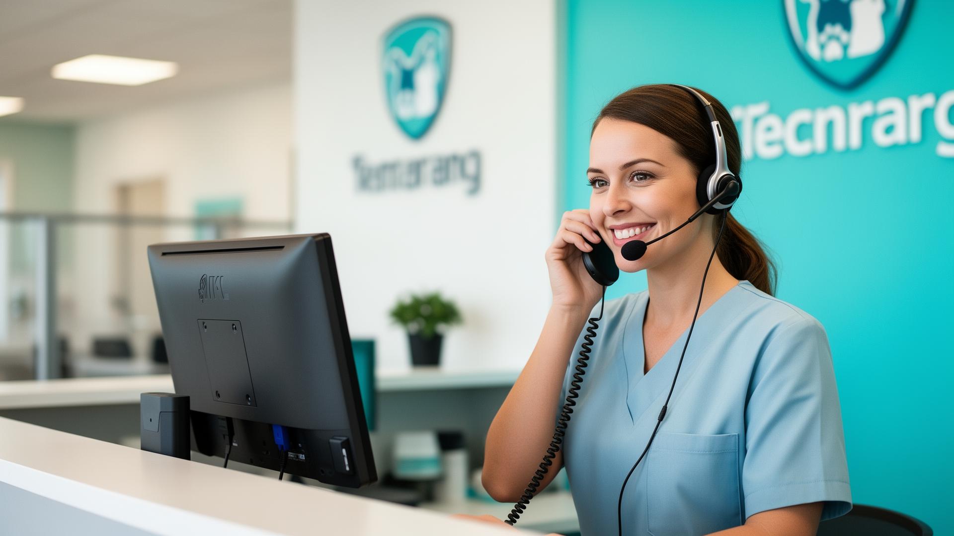 Veterinary receptionist answering calls with AI assistance
