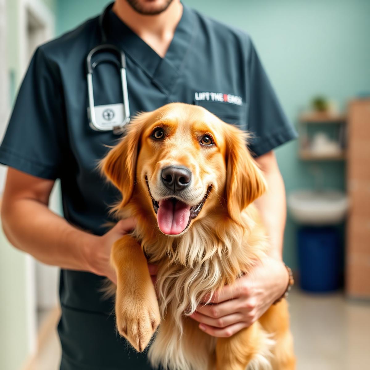 Veterinarian holding a happy golden retriever